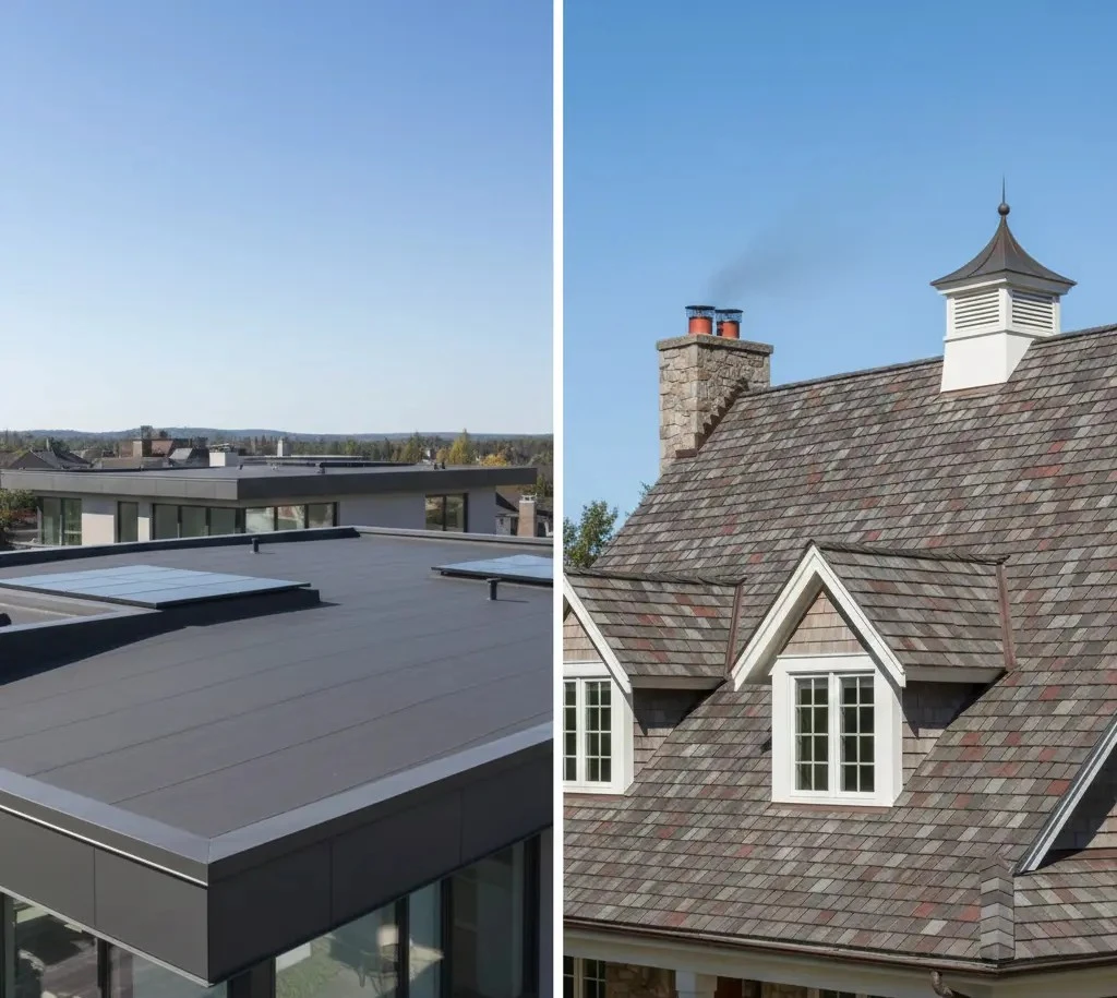 Flat roof vs shingle roof comparison showing a modern flat roof home next to a traditional asphalt shingle roof house on Long Island