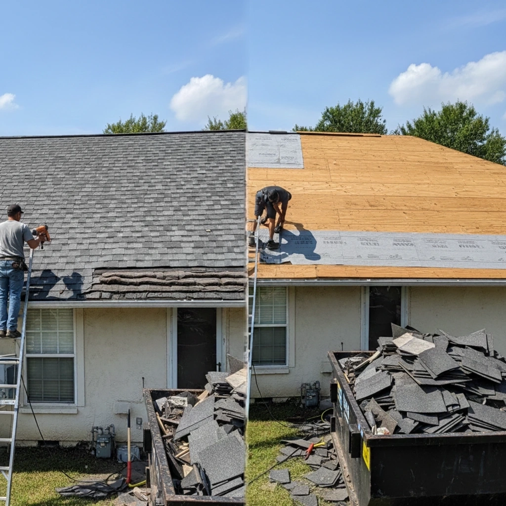 Roof repair vs roof replacement showing old shingles versus full roof tear-off with new underlayment installation