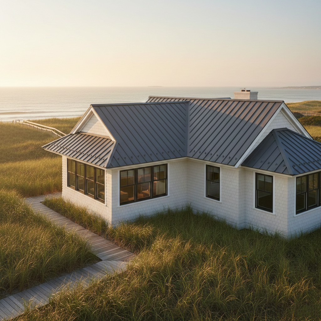 Modern coastal home with metal residential roofing material on Long Island designed to withstand ocean air and strong winds.