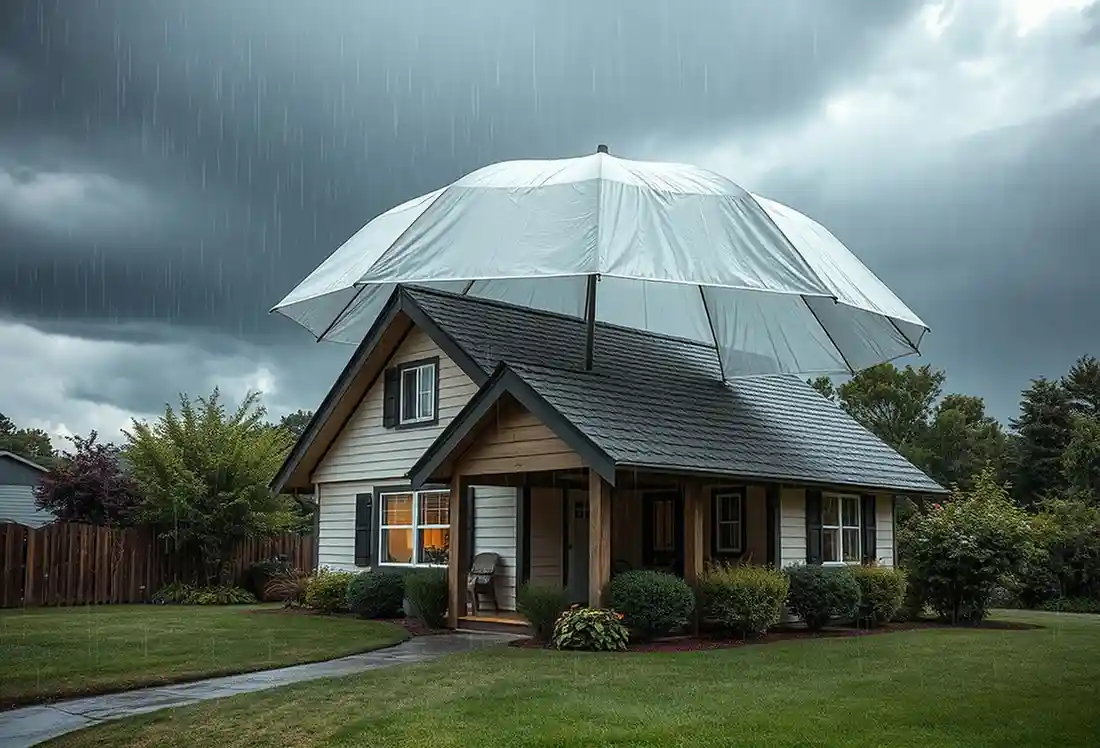 House protected by a large umbrella during heavy rain, symbolizing professional roofing services and roof protection.