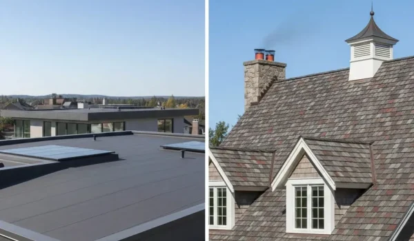 Flat roof vs shingle roof comparison showing a modern flat roof home next to a traditional asphalt shingle roof house on Long Island