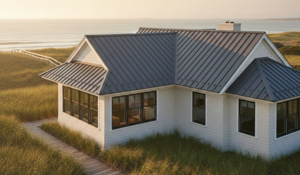 Modern coastal home with metal residential roofing material on Long Island designed to withstand ocean air and strong winds.