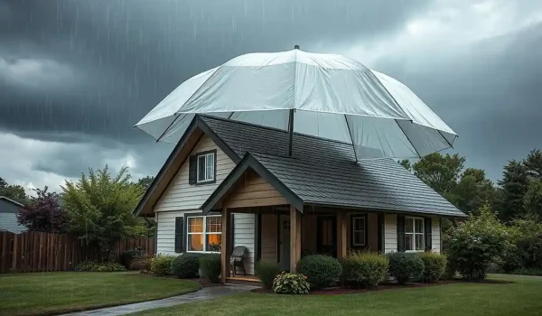 House protected by a large umbrella during heavy rain, symbolizing professional roofing services and roof protection.