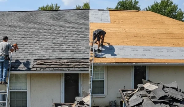 Roof repair vs roof replacement showing old shingles versus full roof tear-off with new underlayment installation